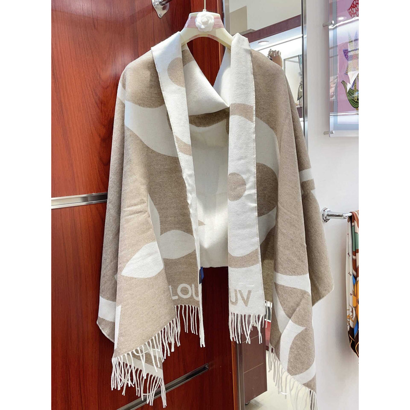 l**is V*t*n cashmere wool double-sided wide scarf/shawl milk tea brown