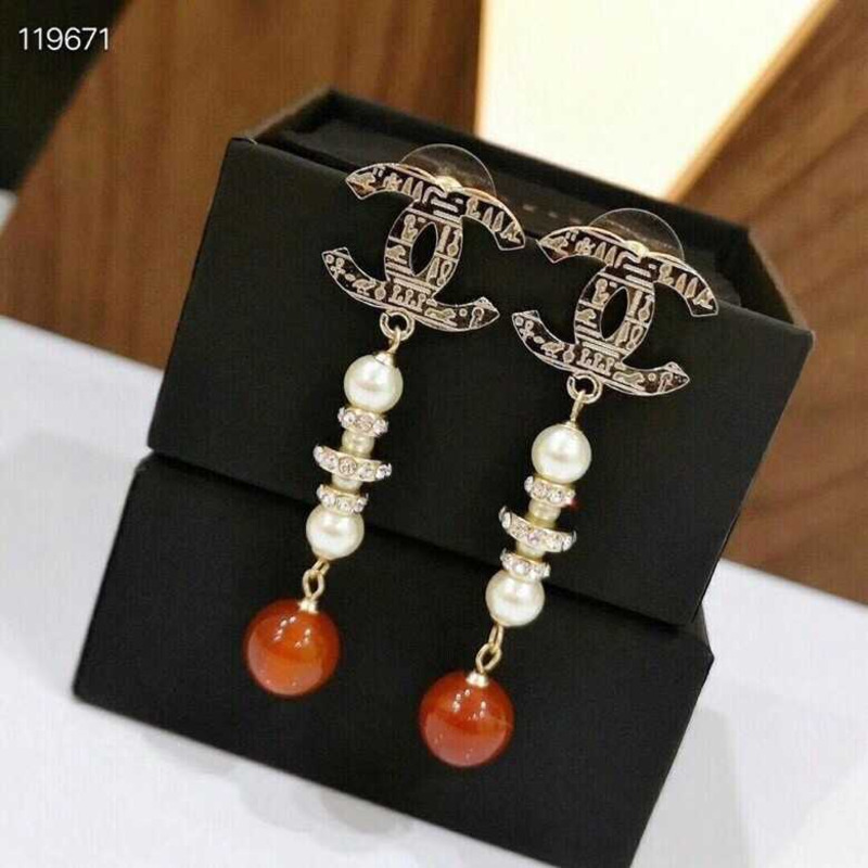 Ch*el faux pearl red bead cc drop earrings