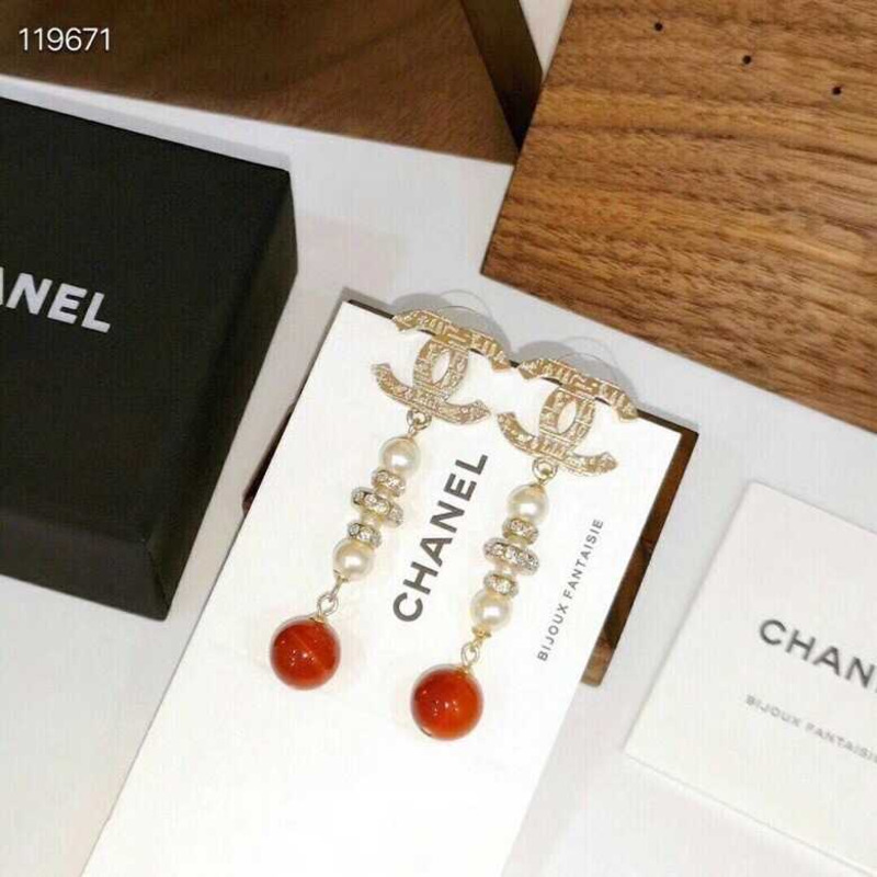 Ch*el faux pearl red bead cc drop earrings