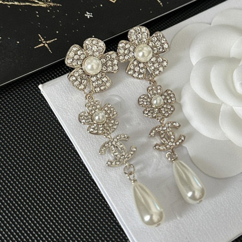 Ch*el full diamond double c flower pearl stud earrings