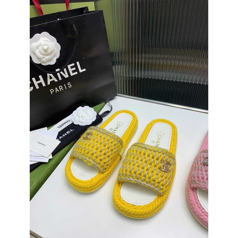 Ch*el braided knit metallic cc slides yellow