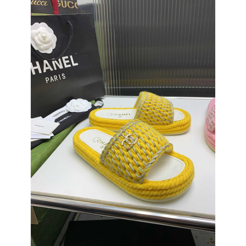 Ch*el braided knit metallic cc slides yellow