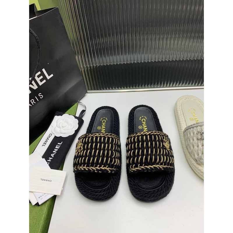 Ch*el braided knit metallic cc slides black