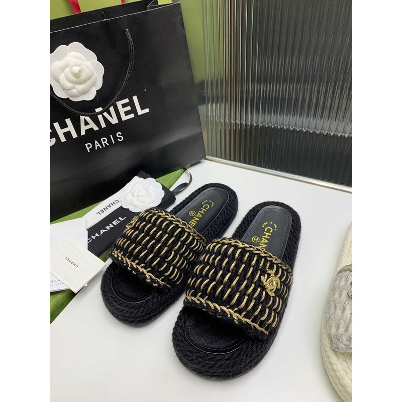 Ch*el braided knit metallic cc slides black