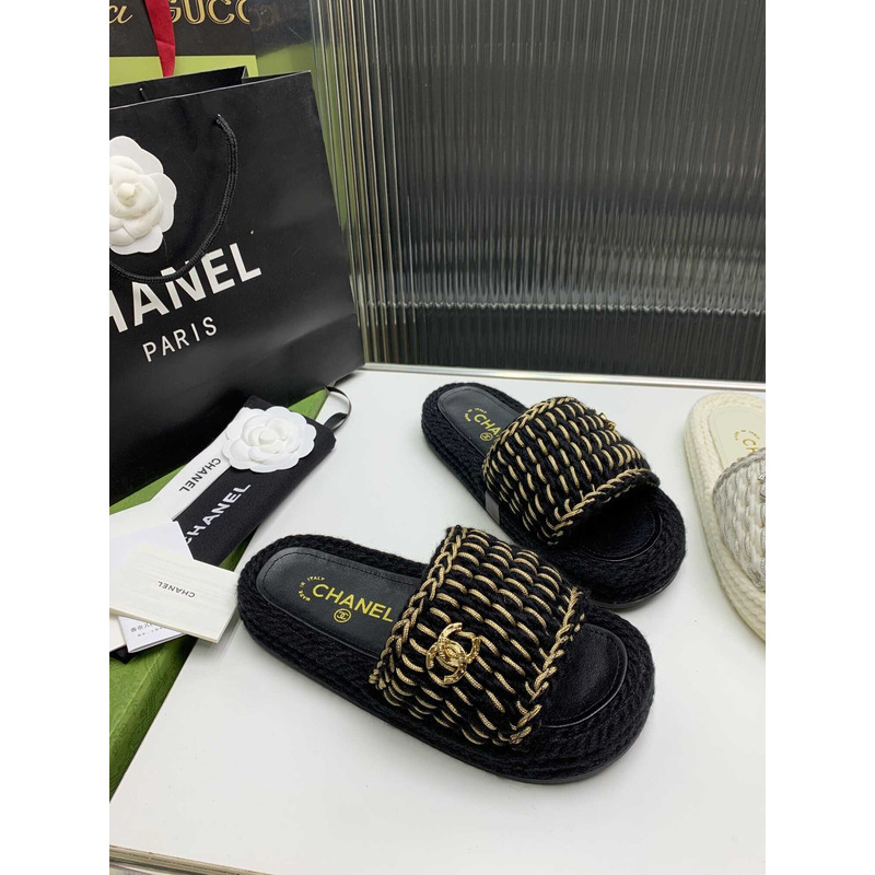 Ch*el braided knit metallic cc slides black