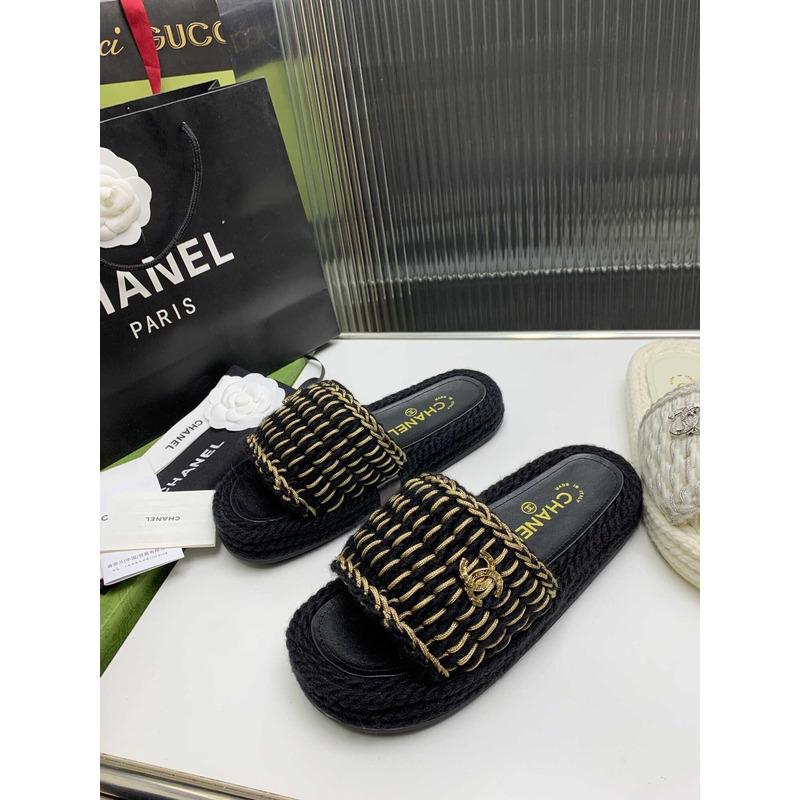 Ch*el braided knit metallic cc slides black