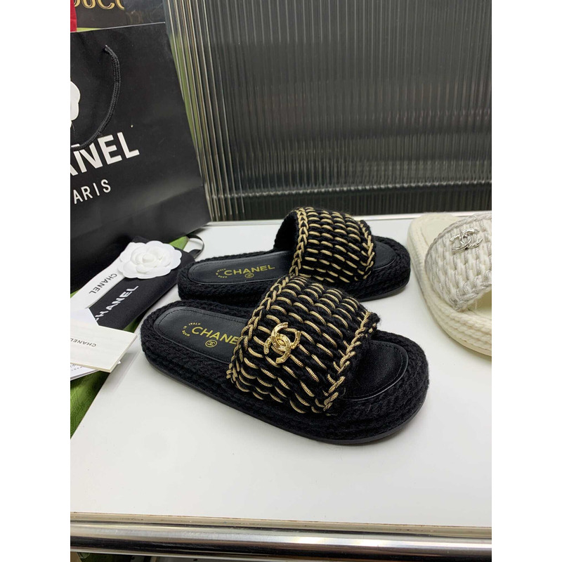 Ch*el braided knit metallic cc slides black