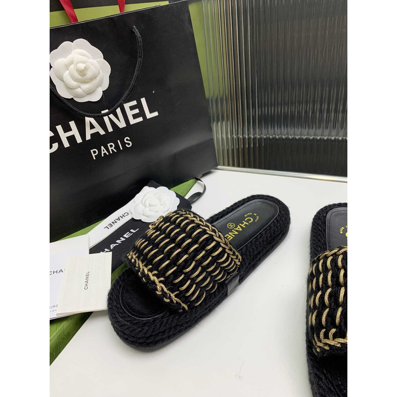 Ch*el braided knit metallic cc slides black