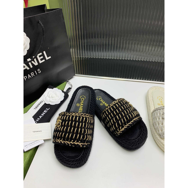 Ch*el braided knit metallic cc slides black