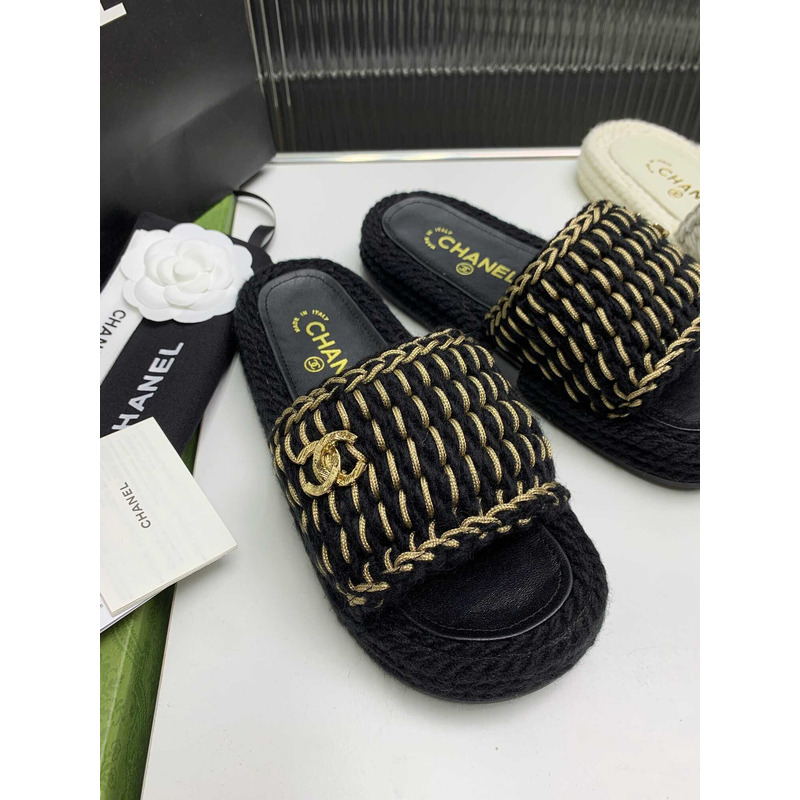 Ch*el braided knit metallic cc slides black