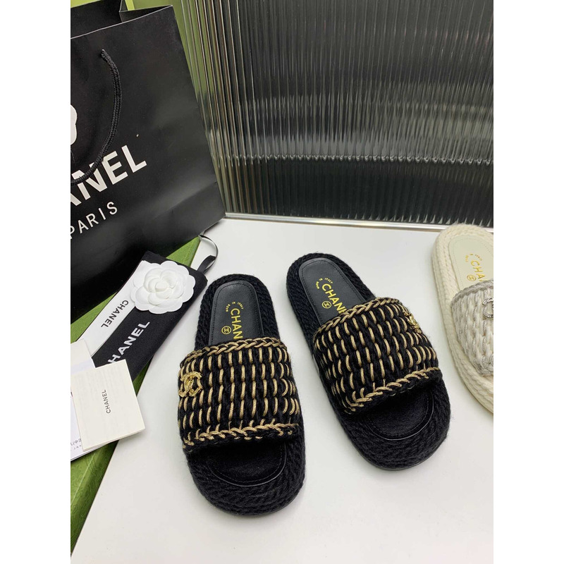 Ch*el braided knit metallic cc slides black