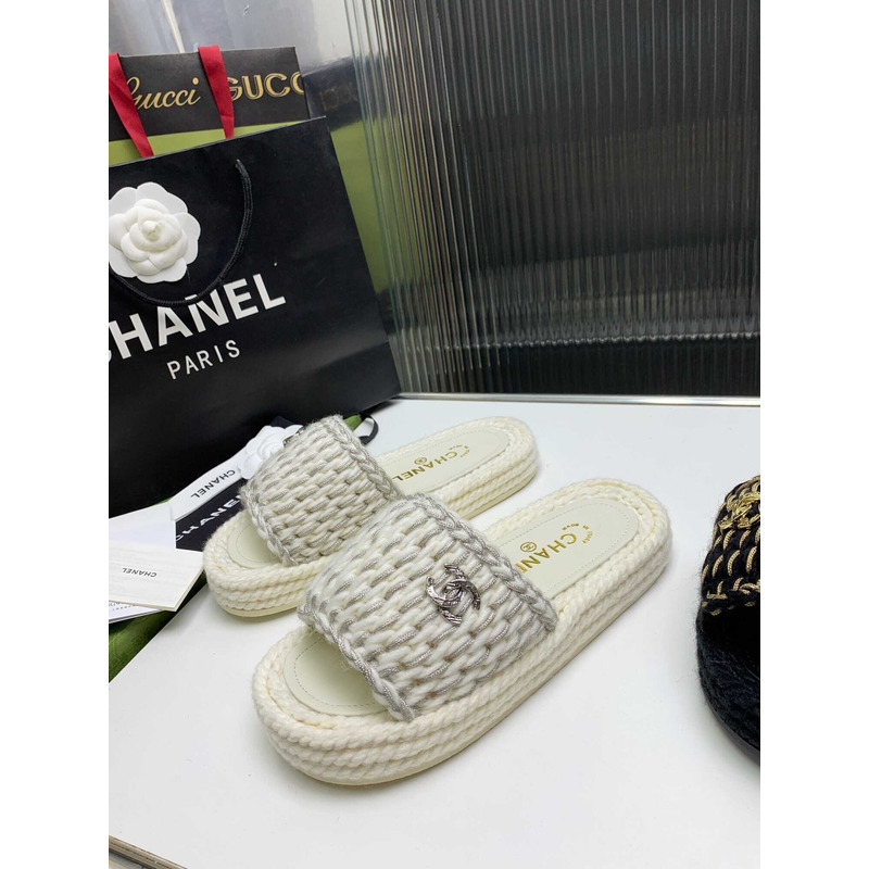 Ch*el braided knit metallic cc slides grey