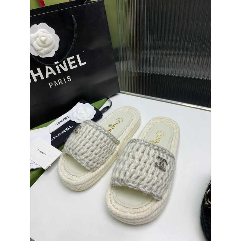 Ch*el braided knit metallic cc slides grey