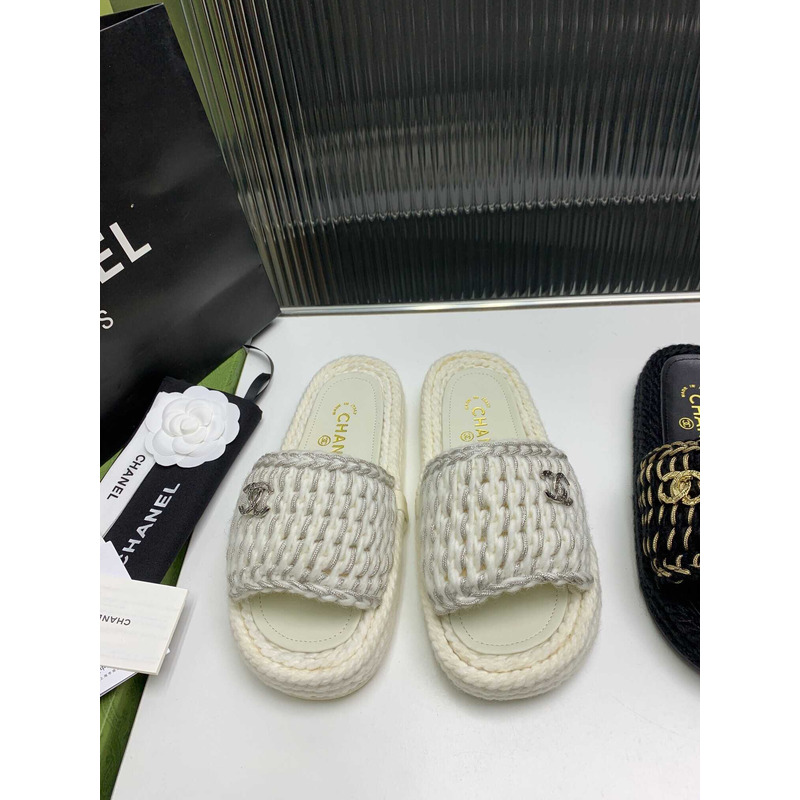 Ch*el braided knit metallic cc slides grey