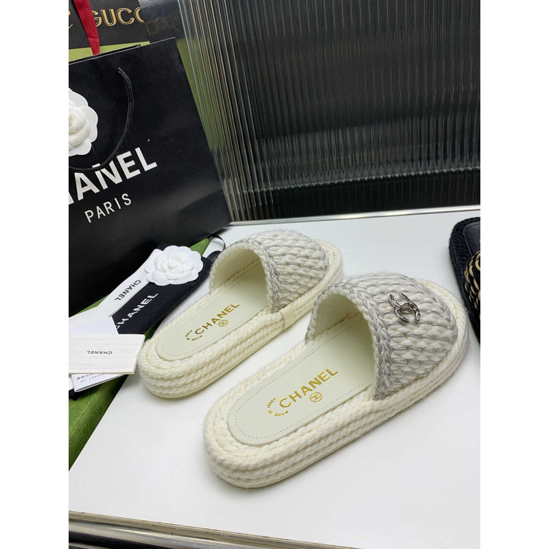 Ch*el braided knit metallic cc slides grey