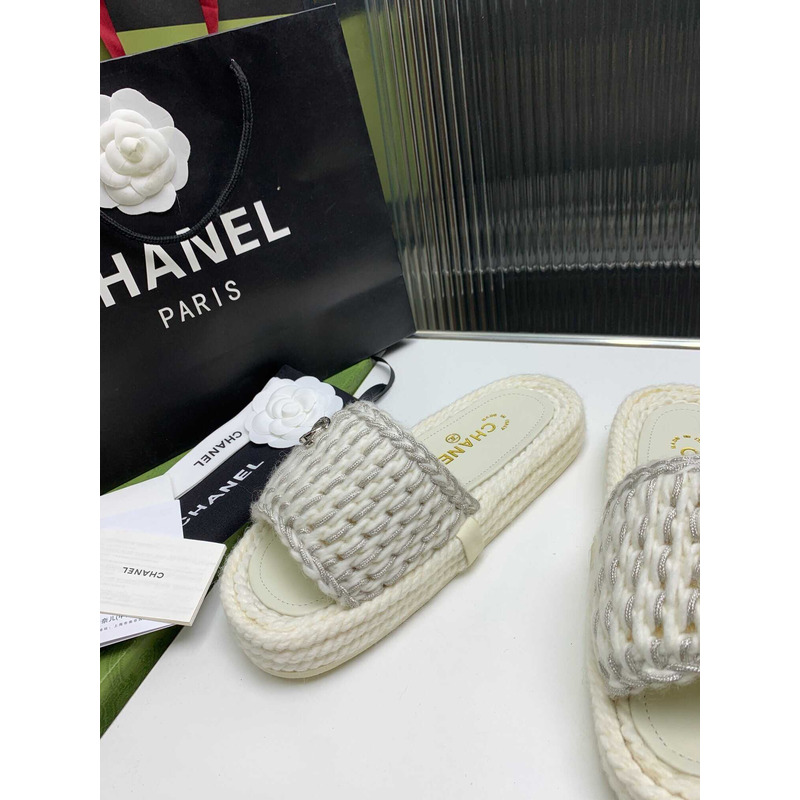 Ch*el braided knit metallic cc slides grey