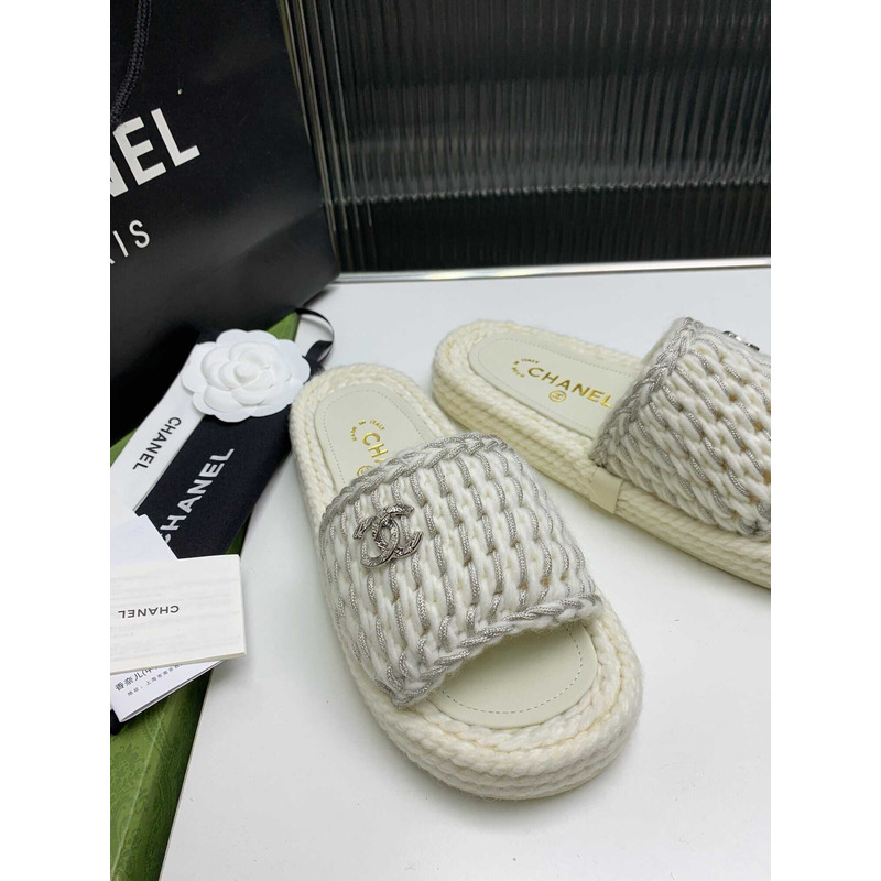 Ch*el braided knit metallic cc slides grey