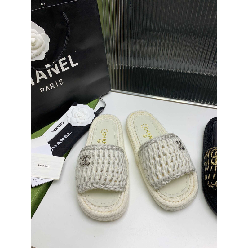 Ch*el braided knit metallic cc slides grey