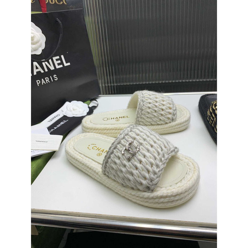 Ch*el braided knit metallic cc slides grey