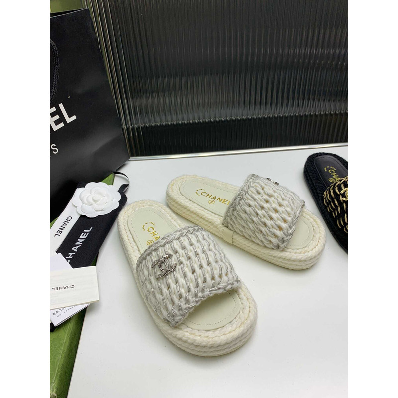 Ch*el braided knit metallic cc slides grey