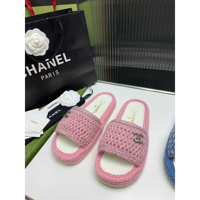 Ch*el braided knit metallic cc slides pink