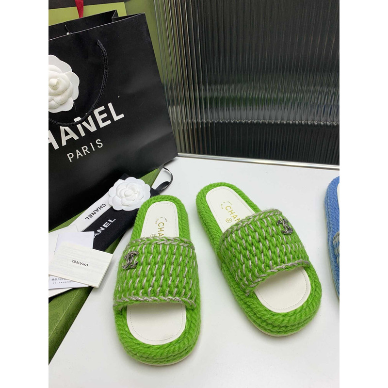 Ch*el braided knit metallic cc slides light green