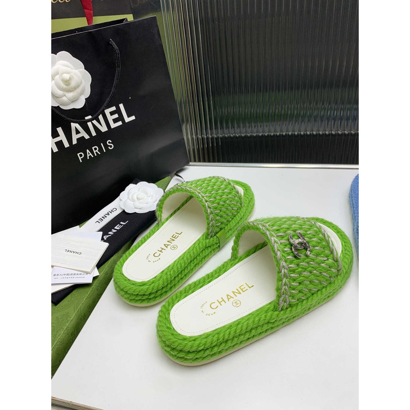 Ch*el braided knit metallic cc slides light green