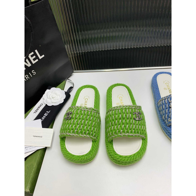 Ch*el braided knit metallic cc slides light green