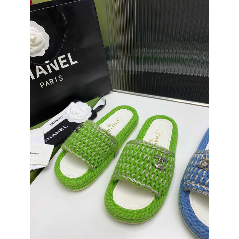 Ch*el braided knit metallic cc slides light green