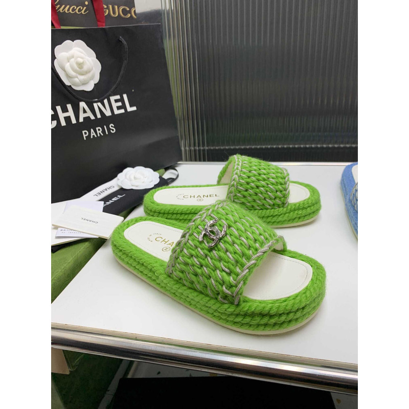 Ch*el braided knit metallic cc slides light green