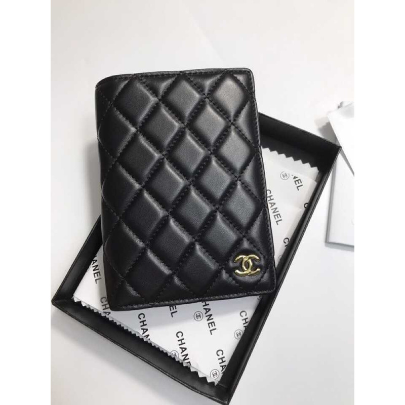 Ch*el card holder lychee leather black gold