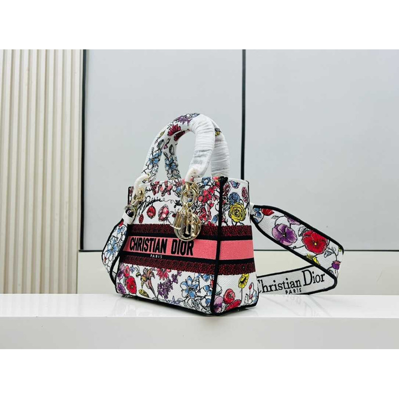 D*or medium lady d-lite bag white multicolor florilegio embroidery