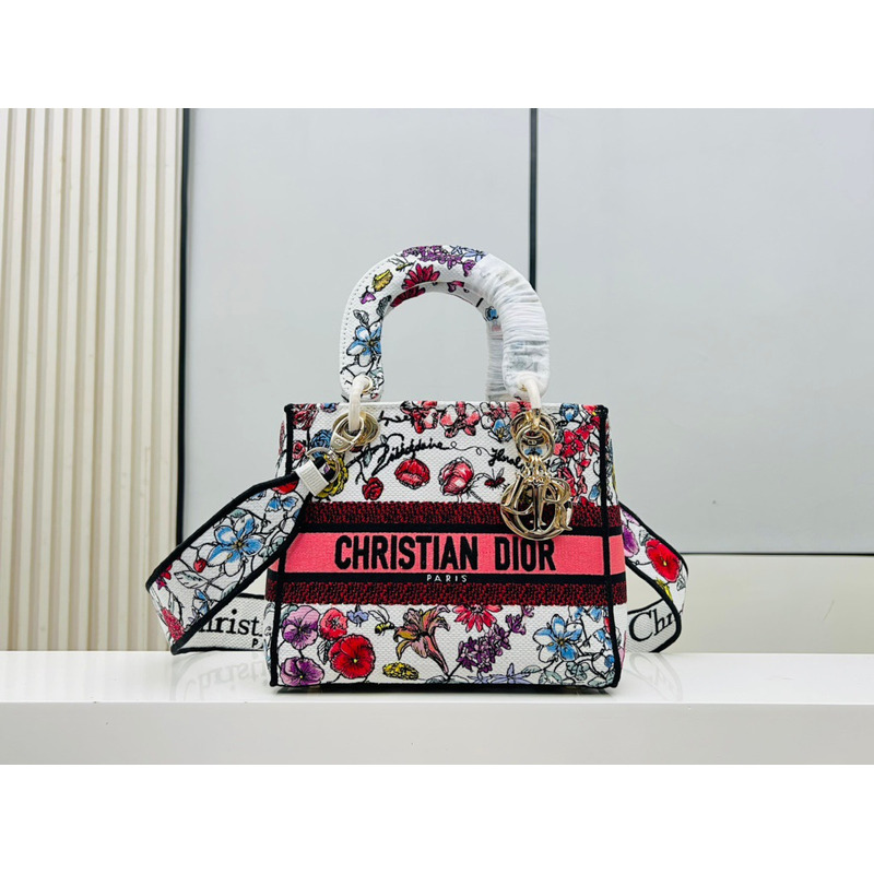 D*or medium lady d-lite bag white multicolor florilegio embroidery