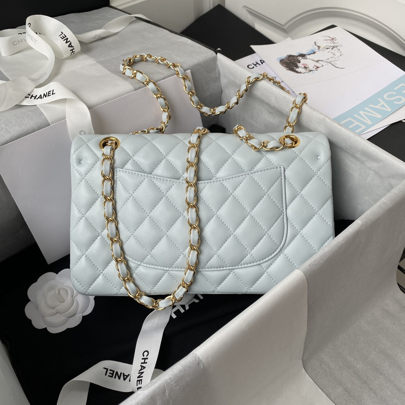 Ch*el classic handbag lambskin and gold-tone mental light blue