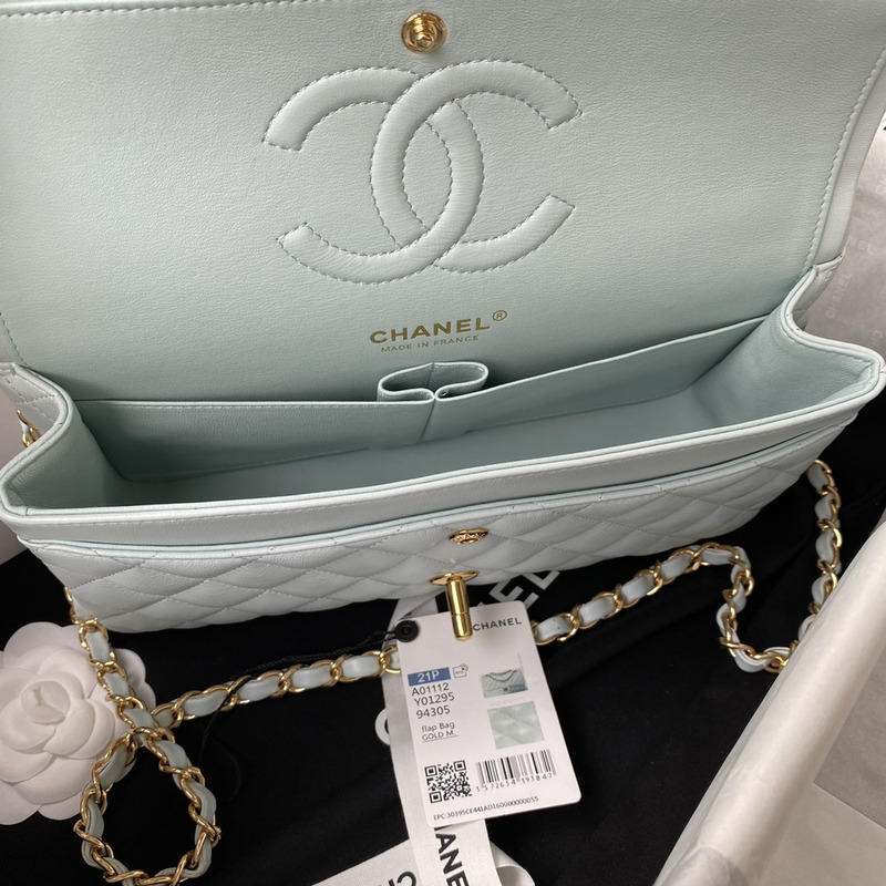 Ch*el classic handbag lambskin and gold-tone mental light blue