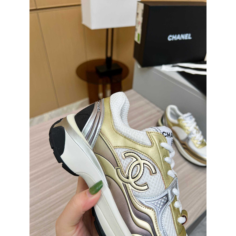 Ch*el sneakers fabric & laminated gold