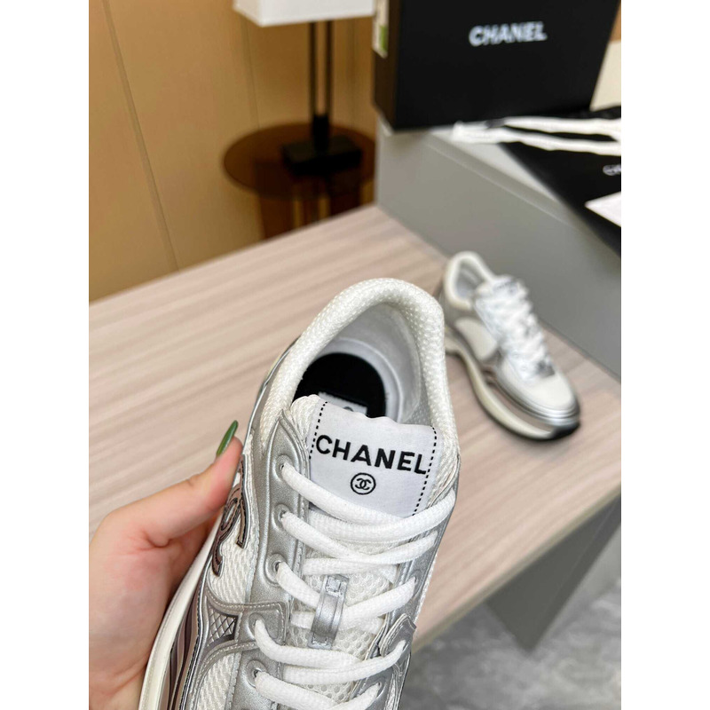 Ch*el sneakers fabric & laminated silver