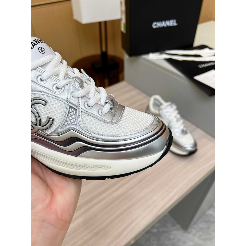 Ch*el sneakers fabric & laminated silver