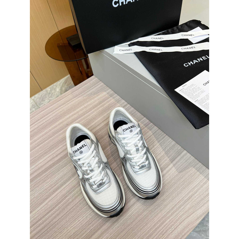 Ch*el sneakers fabric & laminated silver