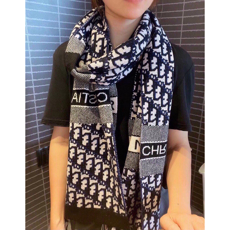 D*or print scarf navy cashmere-blend tech oblique print