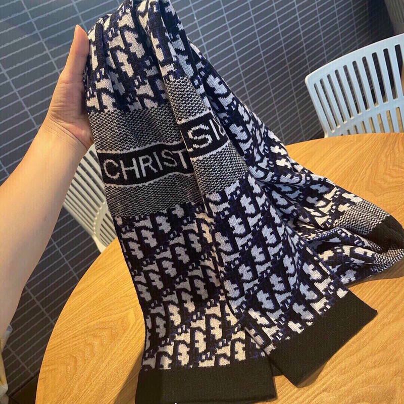 D*or print scarf navy cashmere-blend tech oblique print