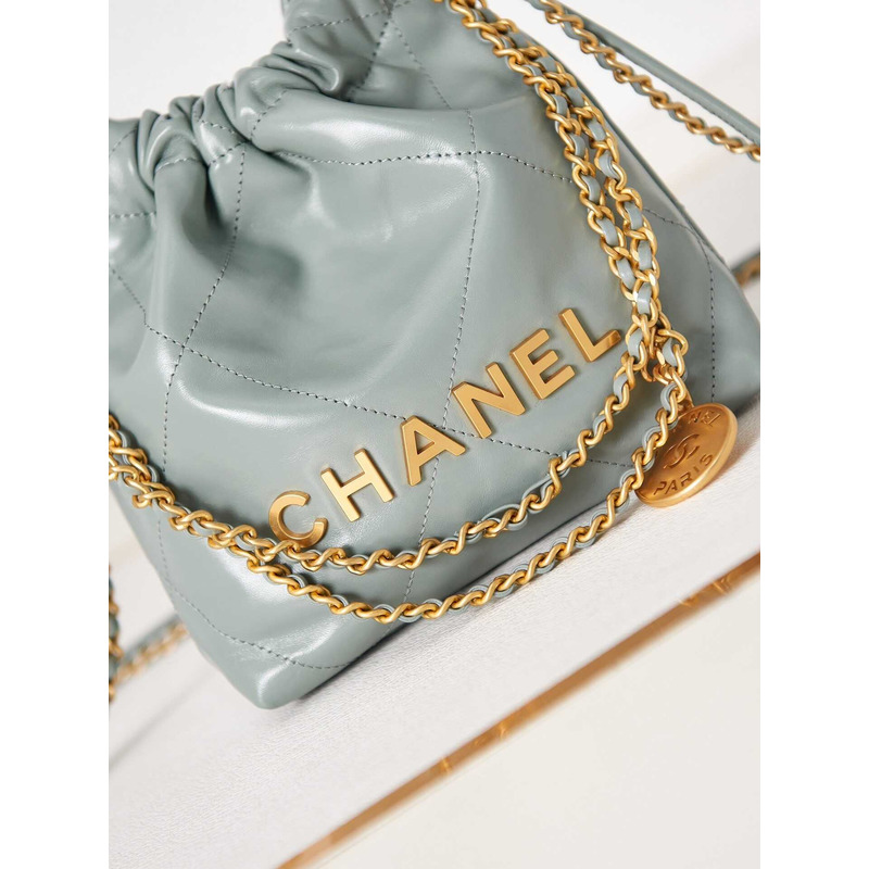 Ch*el 22 mini handbang shiny calfskin & gold-tone metal pale baby blue