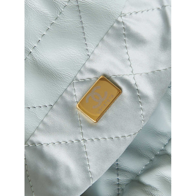 Ch*el 22 mini handbang shiny calfskin & gold-tone metal pale light blue