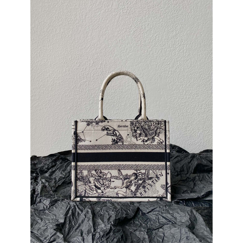 D*or small D*or book tote latte and black toile de jouy zodiac embroidery