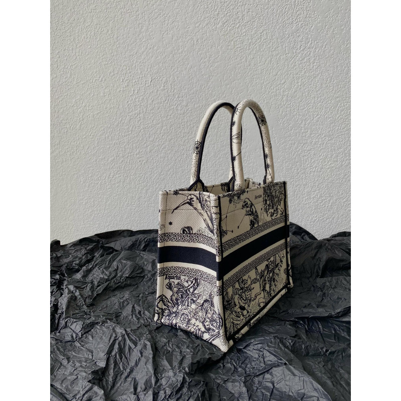 D*or small D*or book tote latte and black toile de jouy zodiac embroidery