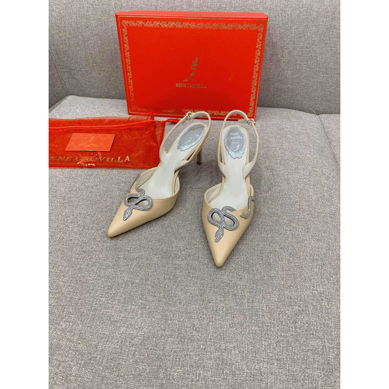 Rene Caovilla Snake Motif Rhinestone Pumps Beige