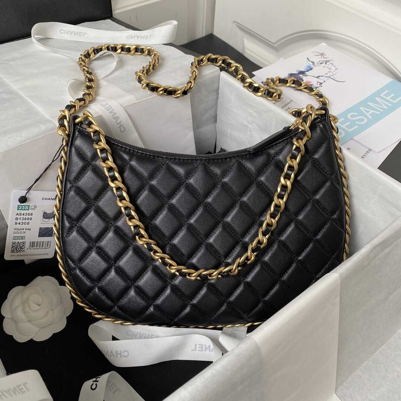 Ch*el shiny crumpled lambskin & gold-tone metal black