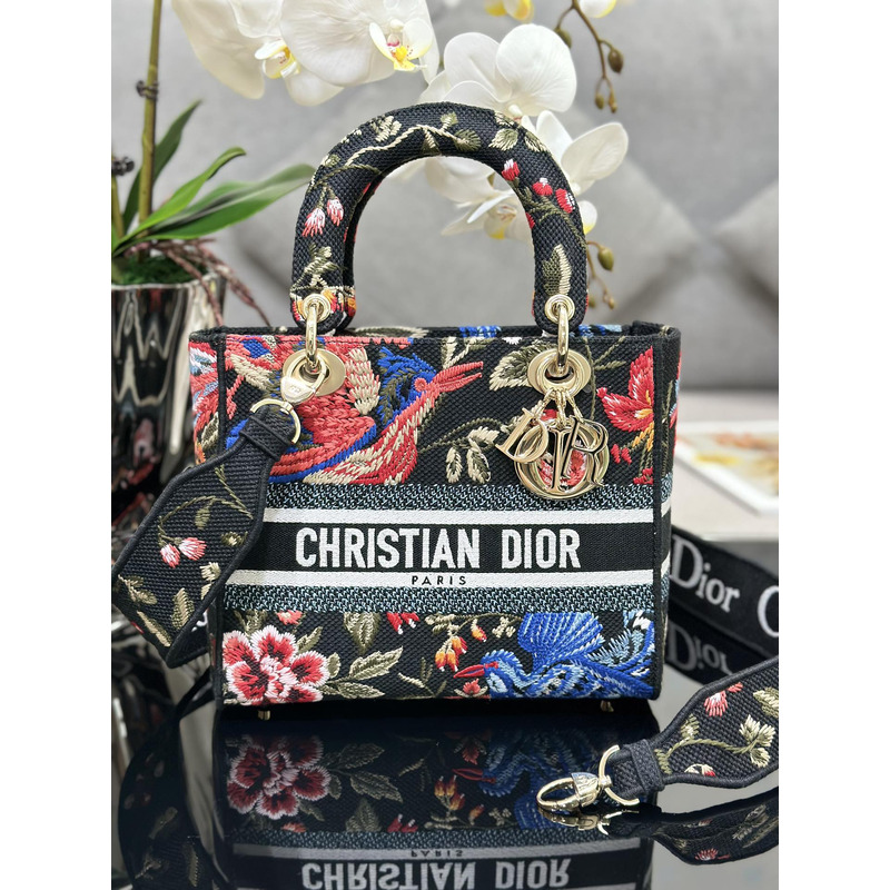 D*or medium lady d-lite bag black multicolor D*or birds embroidery