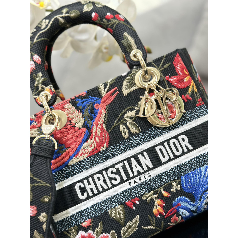 D*or medium lady d-lite bag black multicolor D*or birds embroidery