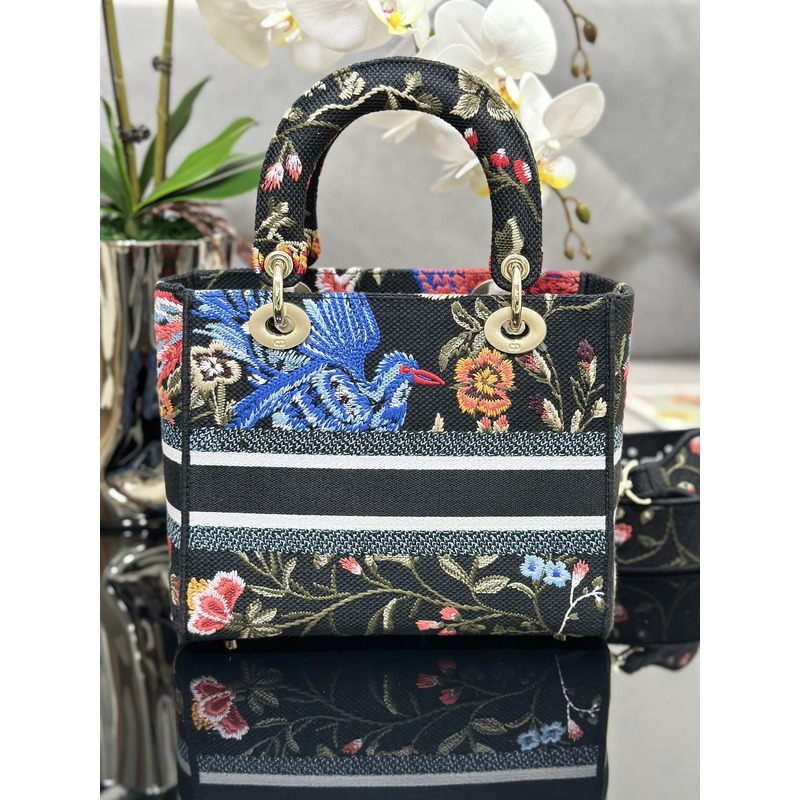 D*or medium lady d-lite bag black multicolor D*or birds embroidery